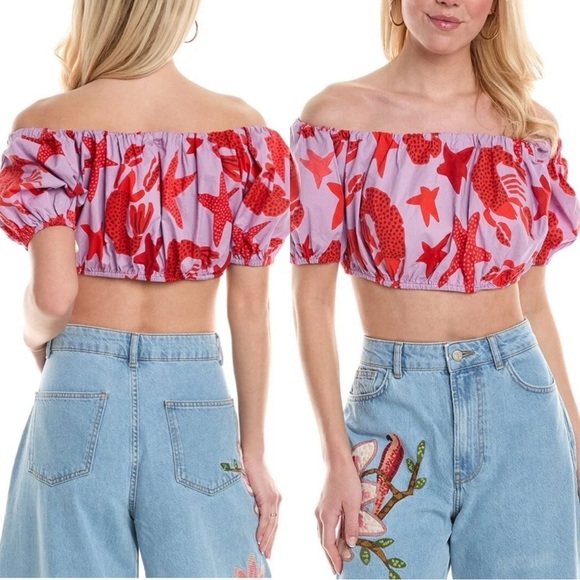 FARM Rio Tops - NWT FARM Rio Lobster Sky Off Shoulder Crop Top Sz M